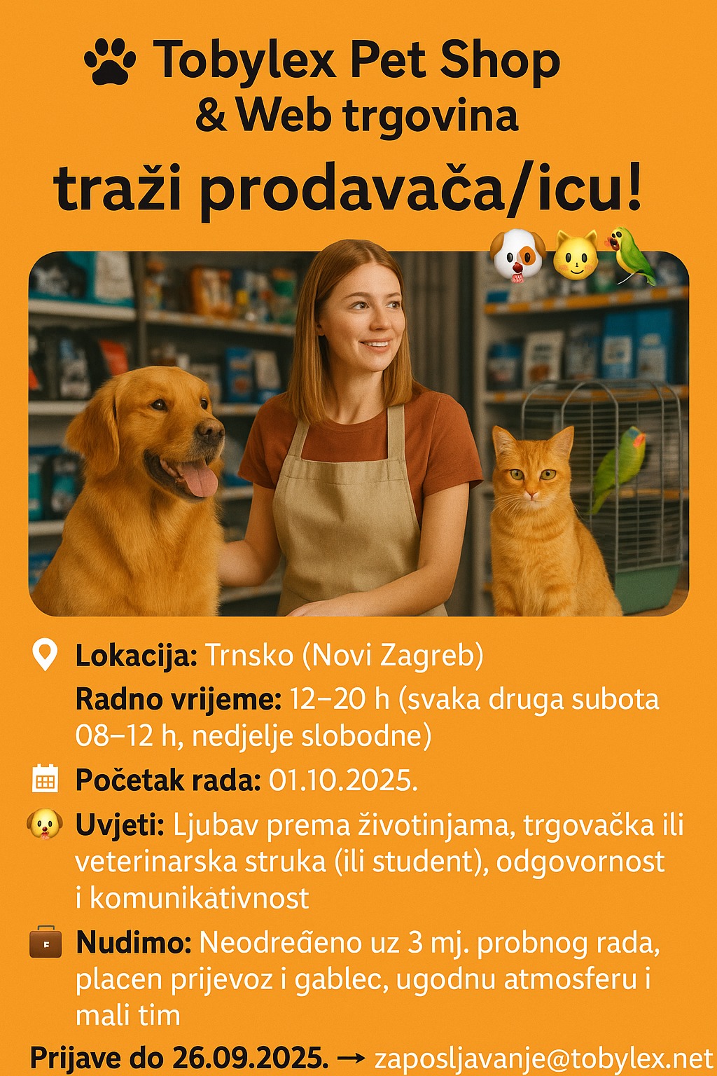 Tražimo djelatnika za rad u našem novom Pet Shopu