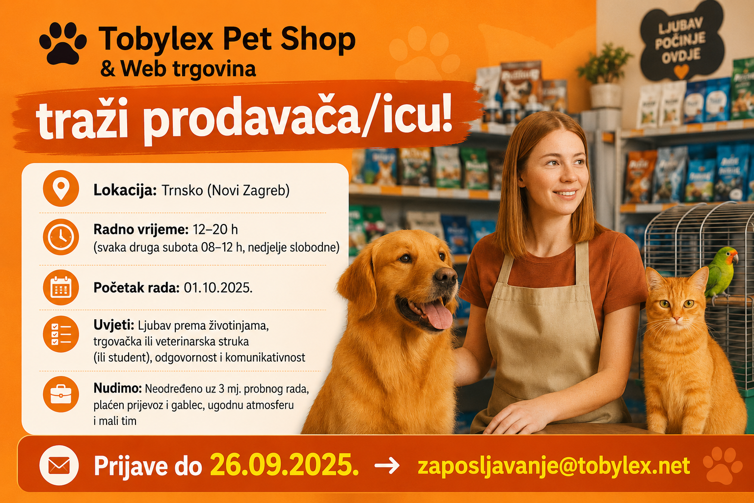 Tražimo djelatnika za rad u našem novom Pet Shopu